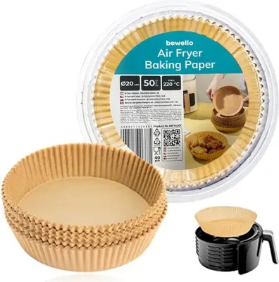 Produktbild von Bewello Airfryer-Backpapier rund – 20 cm – Airfryer-Backpapier XL – Airfryer-Einwegbehälter – 50 Stück