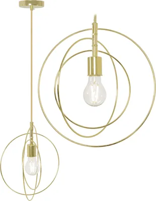 A gold pendant lamp with multiple circular rings and a visible light bulb, shown from two angles against a white background.