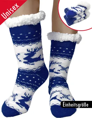 Produktbild von Kuschelsocken für Damen und Herren Dicke Stoppersocken Warme Wintersocken Hüttensocken Flauschig Weihnachtssocken Hausschuhe Geschenk Socken Uni Blau