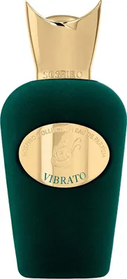 A product shot of a green perfume bottle with a gold cap and label.