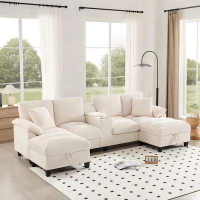 Image de MODFU Canapé d’angle - Canapé U Grande Dimension 4 places Convertible avec Porte-Gobelets et Compartiments Cachés, Velours Côtelé Gris 293x142x93 cm