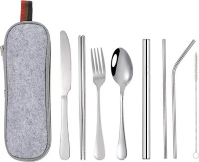 Produktbild von Reisebesteck Camping Besteck, 9-Teilig Edelstahl Outdoor Bestecktasche für Unterwegs,Tragbare Campingbesteck Mit Etui - Silber