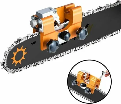 A close-up view of a chainsaw sharpener attached to a chainsaw bar.
