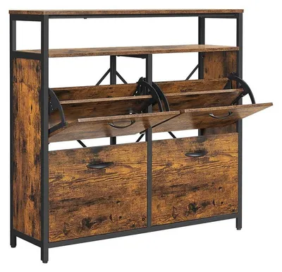 Obrázok produktu pre Skriňa na topánky s 4 dvierkami, polička na topánky, materiál: drevotrieska/oceľ, farba: vintage hnedá/čierna, rozmer: 98,3 x 30 x 95 cm
