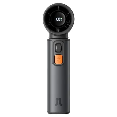 A gray JISULIFE brand mini ventilator with an orange button and digital display.