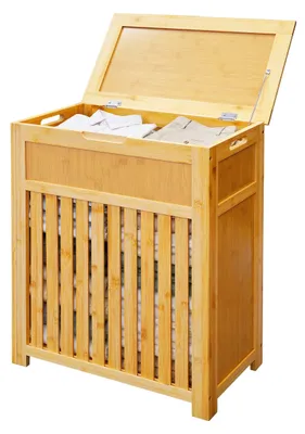 Imagen del producto de Cesta para ropa Relaxdays, 80 litros, diseño con listones, dimensiones: 62,5 x 50,5 x 28 cm, recogedor de ropa con tapa, bambú y MDF, color natural, Imagen generada por IA