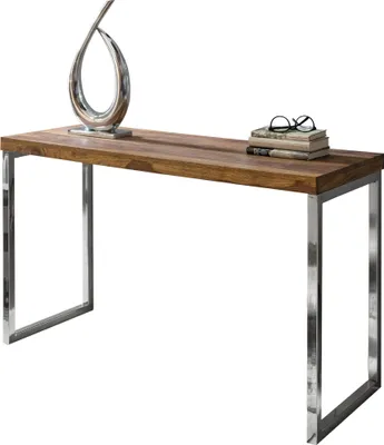 Obrázok produktu pre Konzolový stôl FineBuy pre chodbu Masívne drevo / Kov 120 x 76 x 40 cm Vidiecky štýl Moderná sálová skrinka Stolový kancelársky stôl s chrómovými noži