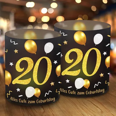 Immagine prodotto di Set di 12 portacandele, ideale per decorare la tavola, adatti per una festa di compleanno (20 anni), colore nero e oro, "grazie per essere qui"