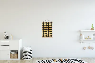 Produktbild von MuchoWow® Textilposter Muster - Herz - Gold - Schwarz 40x60 cm mit holzfarbenen Rahmen - Poster