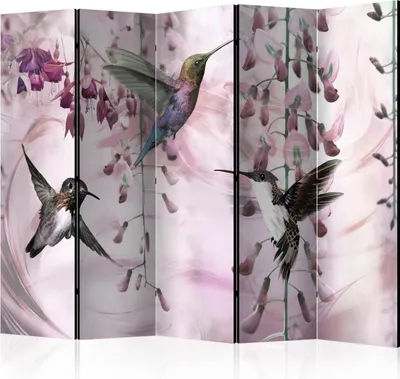 Produktbild von Akusticher Raumteiler Kolibri Foto Paravent 225x172 cm beidseitig auf Vlies-Leinwand bedruckt Akustikschaum Trennwand Spanische Wand Sichtschutz Home Office Natur Blumen Vögel g-C-0072-z-c