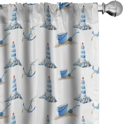 Produktbild von ABAKUHAUS Leuchtturm Vorhänge, Gardinen, Handgezeichnete Aquarell Meer Elemente Beach Holiday Pattern Vintage Illustration, 2 Stück 75 x 225 cm, Blau Weiss