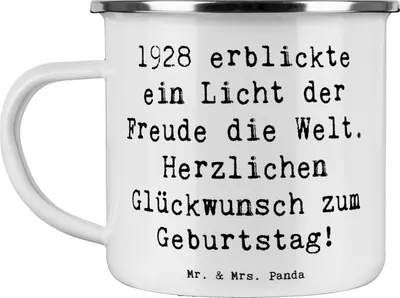 Produktbild von Mr. & Mrs. Panda Pott Spruch 1928 Geburtstag Freude - Weiß - Geschenk, Licht der, Emaille Tasse, Haferl, Geburtstagsjahr, feiern, Geburtstagsgeschenk, emaillebecher