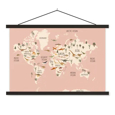 Obrázek produktu pro MuchoWow® Textilní plakát - Mapa světa - Dětský pokoj - Dino's - Girls - Kids - Pink - 120x80cm - S černými lamelami