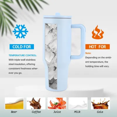 Imagen del producto de Vasos de acero inoxidable con pajita, de 40 oz, con tapa y asa, aptos para bebidas frías y calientes
