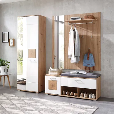 Produktbild von Garderoben-Set mit Garderobenschrank, Garderobenbank und Sitzpolster 4-teilig in Eiche mit weiß Hochglanz, FARGO-36