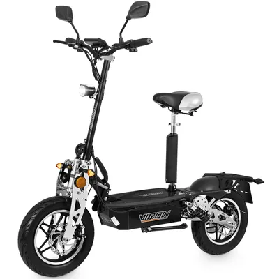 A studio shot of an electric scooter against a white background.