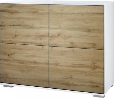 Produktbild von Vladon Kommode Rova V3, Moderner Küchenschrank mit 4 Push-to-Open Türen Weiß matt / Eiche Wotan (92,5 x 75.5 x 35)