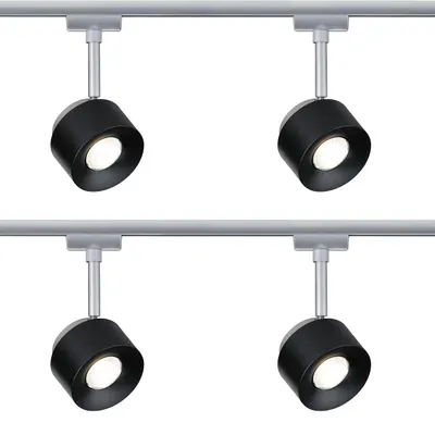 Imagen del producto de Kit de 4 focos LED Paulmann URail, modelo "Pane", con un solo foco, 400 lúmenes, 7,4W, 2700K (luz cálida), regulable, 230V, color cromado mate, referencia 95374, equivalente a 50W de luz