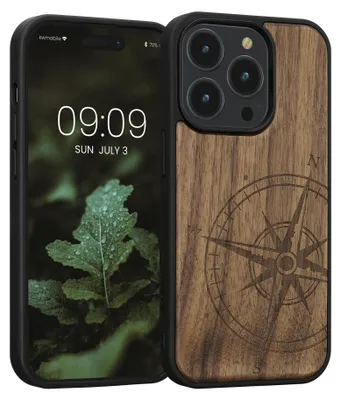 Produktbild von kwmobile Handyhülle für Apple iPhone 14 Pro Hülle Holz - Case mit TPU Bumper - Stoßfestes Hardcase - Schutzhülle Cover in Dunkelbraun