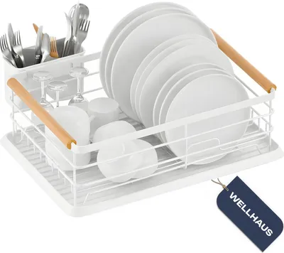 Produktbild von WELLHAUS Abtropfgestell Geschirr mit Abtropfschale, Metall Geschirrabtropfgestell, Abtropfgestell für Spülbecken mit Abtropffläche und Drehbarem Auslauf, 43x30,5x14, Weiß