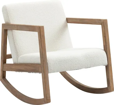 Zdjęcie produktu dla Fotel bujany Fotel relaksacyjny z drewnianą ramą, tapicerowany, lounge, drewno kauczukowe, kremowo-biały,