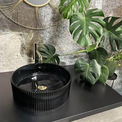 A black basin with a gold faucet sits on a black countertop, with a large Monstera plant and a decorative mirror in the background.