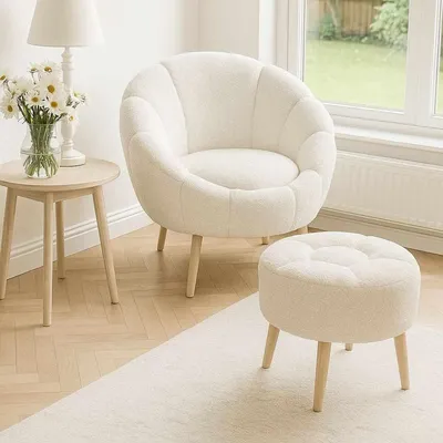 Image de Hanah Home, ensemble de qualité comprenant un fauteuil à oreilles et un pouf (2 pièces) - Blanc, 100% mélaminé