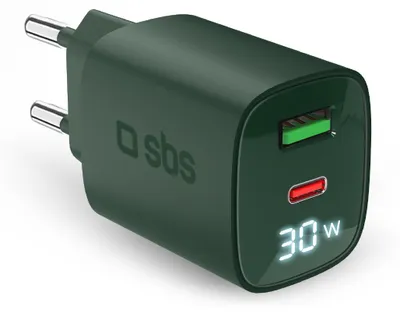 Produktbild von Wandladegerät mit LCD-Bildschirm, 1 USB-C-PD-30W-Ausgang, 1 USB-A-18W-Ausgang