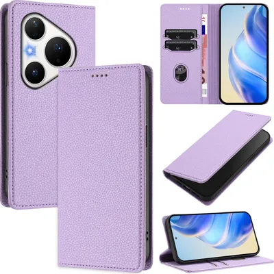 Produktbild von Litchi Leder Handyhülle für Huawei Pura 80 Pro Wallet Kartenfächer Standfunktion Hülle Violett