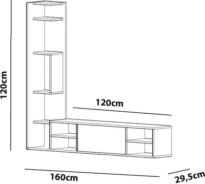 A line drawing diagram of a wall-mounted TV unit with dimensions indicated.