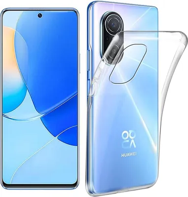 A clear protective case is shown on the back of a Huawei Nova 9 SE smartphone, with the front of the phone displayed separately.