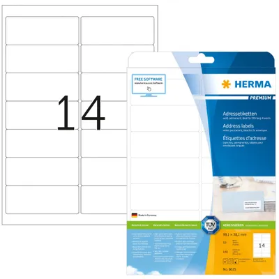 Produktbild von Adressetiketten Premium A4, weiß 99,1x38,1 mm Papier matt 140 St.
