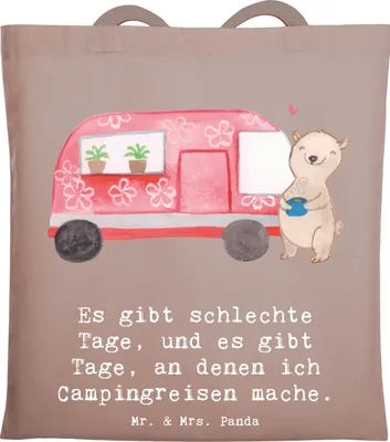 Produktbild von Mr. & Mrs. Panda Tote Bag Bär Camper - Braun Pastell - Geschenk, Wohnmobil, Beutel, Laptoptasche, Zelten, Urlaub, Tasche, Shopping, Campingplatz, Jutebeutel, Roadtrip