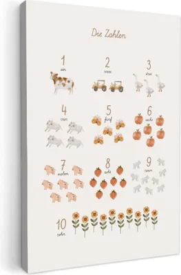 Produktbild von MuchoWow® - Leinwandbilder - Pädagogisch - Zählen lernen - Beige - 1-10 - Bauernhof, Wandbild, Wanddeko Bilder Wohnzimmer, 60x90 cm