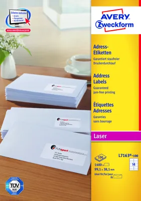 Produktbild von Avery Zweckform L7163-100 Adress-Etiketten, 99,1 x 38,1 mm, 100 Blatt/1.400 Etiketten, weiß