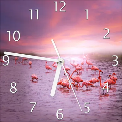 Produktbild von Wallario Design Wanduhr Rosa Flamingos bei Sonnenuntergang aus Echtglas, Größe 20 x 20 cm