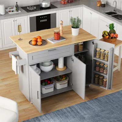 Image de Chariot d'îlot de cuisine avec plan de travail rabattable, tiroir, étagère à épices et 3 portes, couleur gris, dimensions : 132,5 x 44 (70) x 90 cm