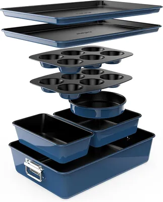 Produktbild von NutriChef Kuchenbackformen -8-teiliges Stapelbares Antihaft Backform Set-Ofensicher bis 232°C - Rund Kuchenform, Kastenform, Muffinform, Blechbackform