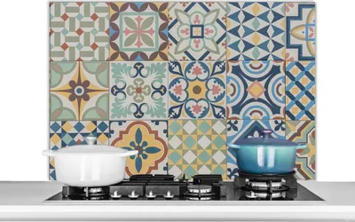 Produktbild von KitchenYeah®  Spritzschutz Küche - Küchenrückwand - Wandschutz für Herd und Spüle - Vintage - Blumen - Design - Figuren 100x65 - Alu-Dibond (Alternative zum Spritzschutz aus Glas) - Hitzebeständig - H