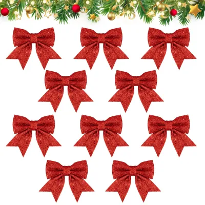 10 Weihnachtsbandschleifen, Glitzer, Rot, für Baum & Kranz