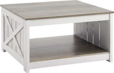 Produktbild von SucceBuy 31,5" Farmhouse Couchtisch, quadratischer Cocktailtisch mit offenem Stauraum, rustikaler Wohnzimmertisch aus Holz, Schlafzimmer-, Apartment- und Studiomöbel, Grau und Weiß