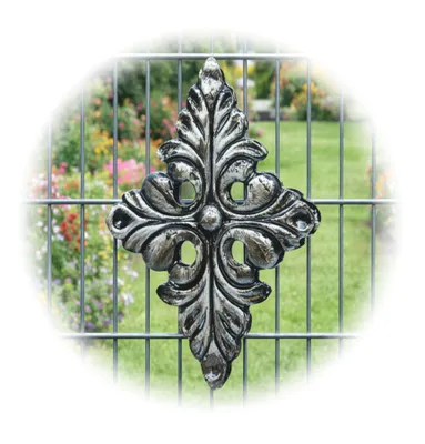 Produktbild von Schmiedeeisen Zaun-Ornament 26 x 18 cm in Antik Silber für z.B. Doppelstabmatten, Zaun Deko & Zaunverzierung für Stabmattenzaun, Gartentor uvm.