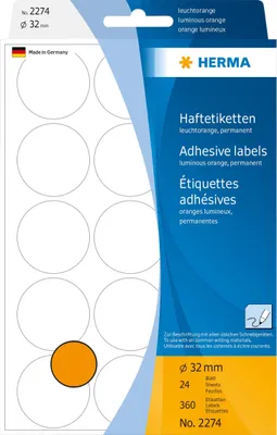 Obrázok produktu pre HERMA Paper - permanentný samolepiaci - oranžový - 32 mm okrúhly 360 štítkov (24 listov x 15)