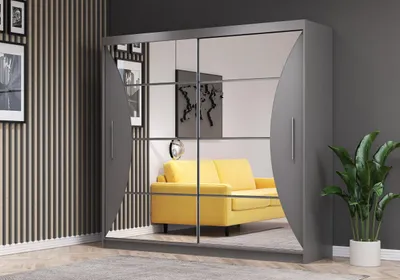 Image de Armoire à portes coulissantes Greenwich, chambre à coucher, armoire 150 cm  Gris/Gris avec miroirs, poignées en PVC couleur aluminium