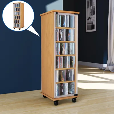 Produktbild von VCM CD Regal Holz | CD Schrank mit ESG-Sicherheitsglastüren für 204 CDs oder 72 DVDs | Maße: H. 98 x B. 31 x T. 35 cm | Elegantes DVD Regal mit Rollen | Blu ray Regal | CD Regal - Valenza