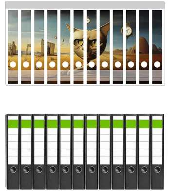 Produktbild von Wallario 12 Stück schmale Ordner inkl. Klebeetiketten mit Motive Katze als Zeitwächter - Set mit Rückenschildern / Ordnerrücken Stickern