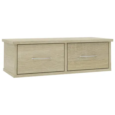 A two-drawer wooden storage unit with silver handles against a white background.