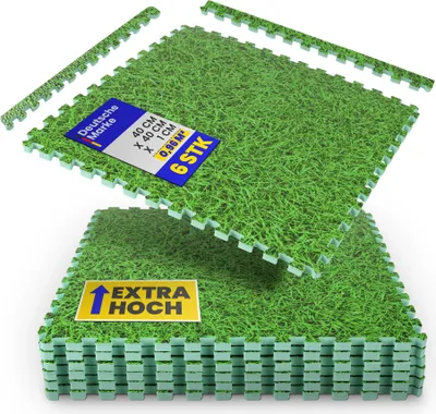 Produktbild von Bestlivings Bodenschutzmatte Puzzle mit Gras Print – EVA Bodenmatte 40x40x1cm – Schallisolierend & Erweiterbar Grün 18 Matten (2,88m²)