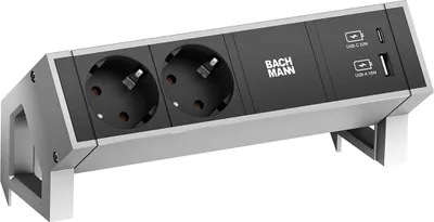 Imagen del producto de BACHMANN DESK2, 2 tomas de corriente con conexión a tierra, puertos USB A y C, cargador USB de 22W, cable de 0,2 metros, conector GST18, acero inoxidable