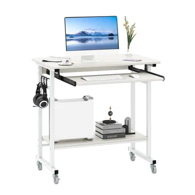 Produktbild von COSTWAY Schreibtisch mit Rollen, Tastaturablage, Ablagefläche unten&Haken, platzsparender Computertisch PC-Tisch, industrieller Laptoptisch Weiß